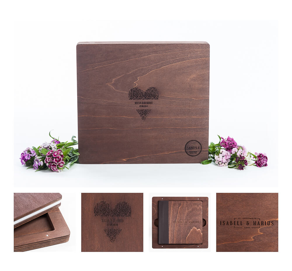 Elegantes personalisiertes Holzfotoalbum für Hochzeiten und besondere Anlässe, hochwertig verarbeitet, mit individuell graviertem Herzmotiv und Namen, ideal für professionelle Fotostudios in München.